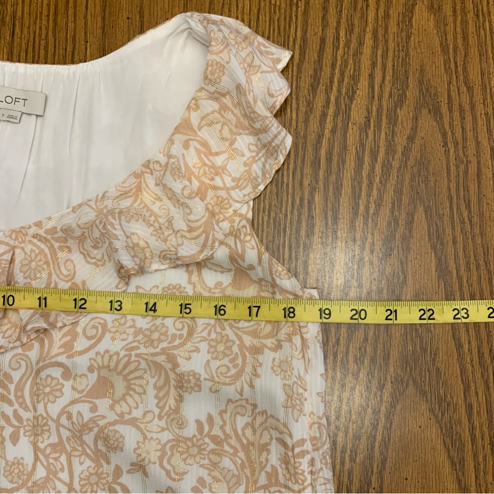 LOFT Shimmer Ruffle Sleeveless V-Neck Lined Shell with Tan Paisley Print - Picture 8 of 11